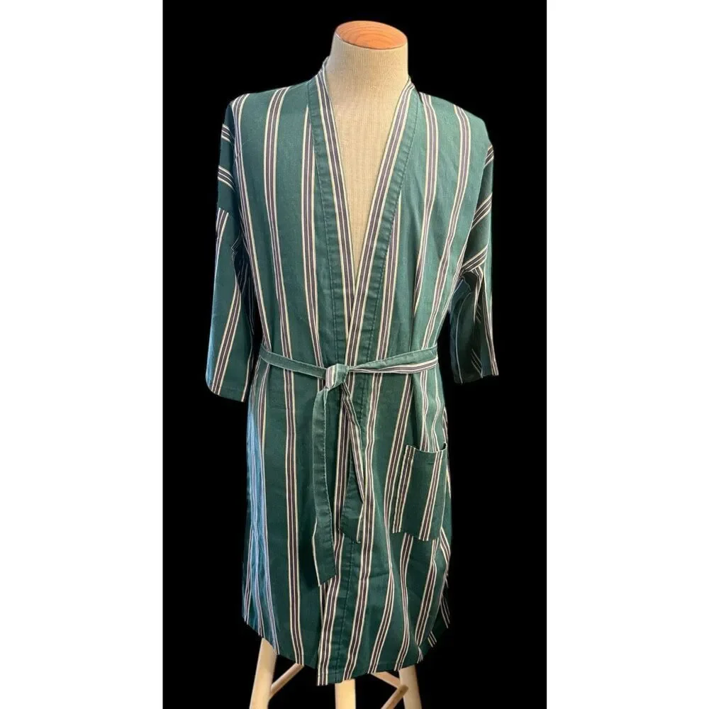 Puritan Men’s Robe Green Plum Stripe Belted Cotton Blend Kimono Loungewear